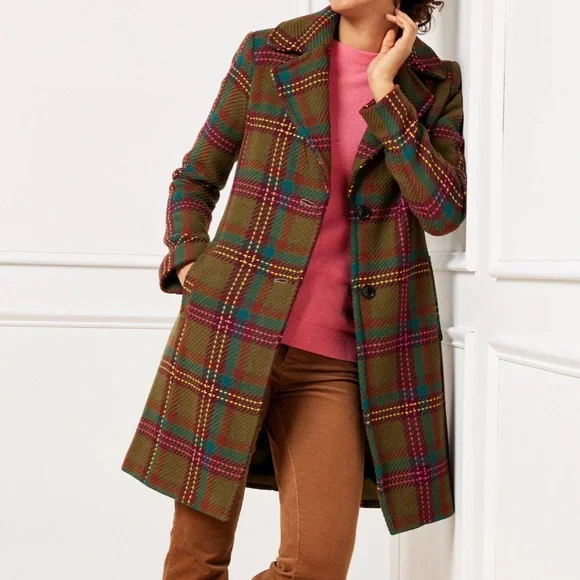 Talbots Wool Blend Olive Green Plaid Coat Petite Medium Like New - Picture 2 of 13
